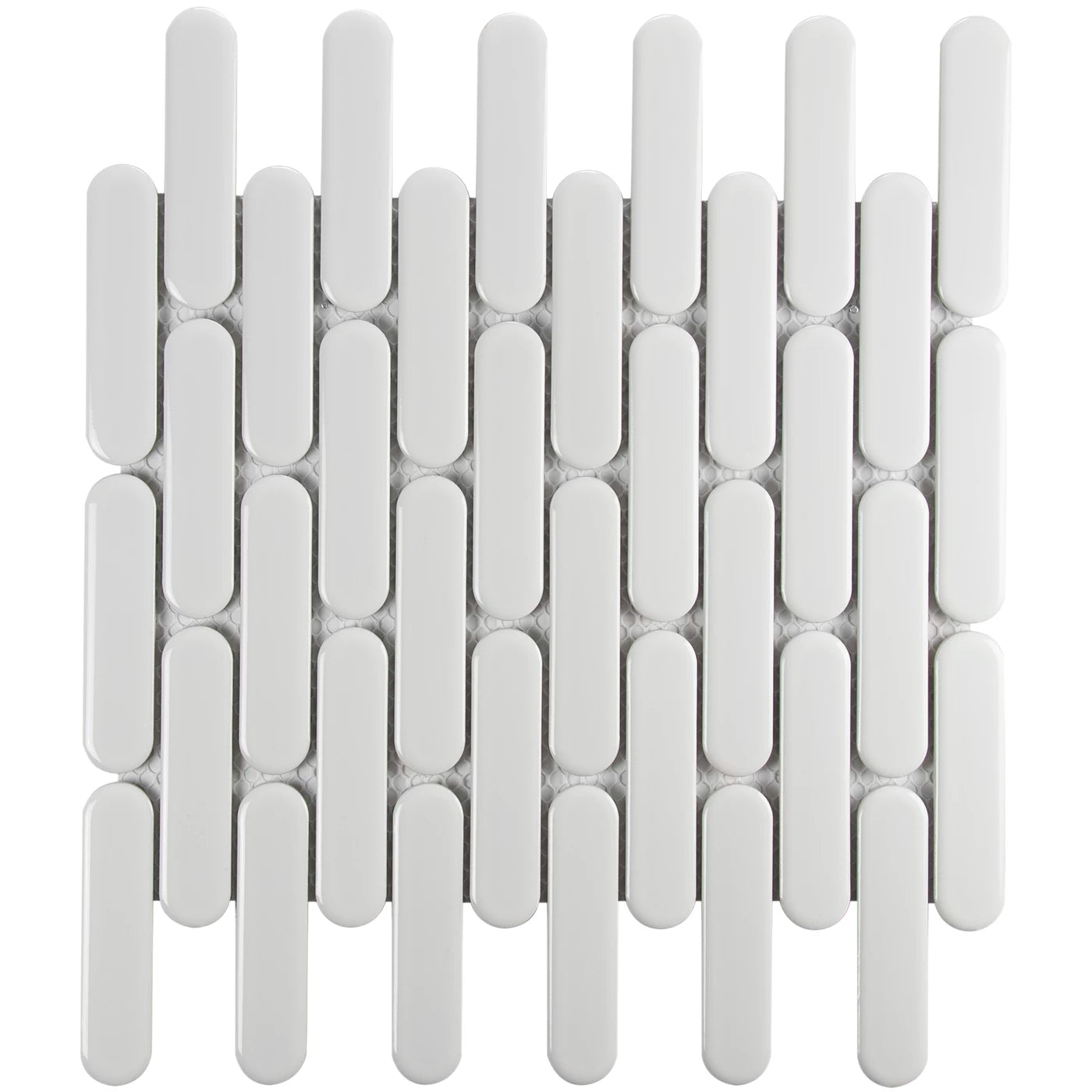 The Sevilla Mosaic Tiles, Oval design in White Glossy, with a size of 23x98mm.