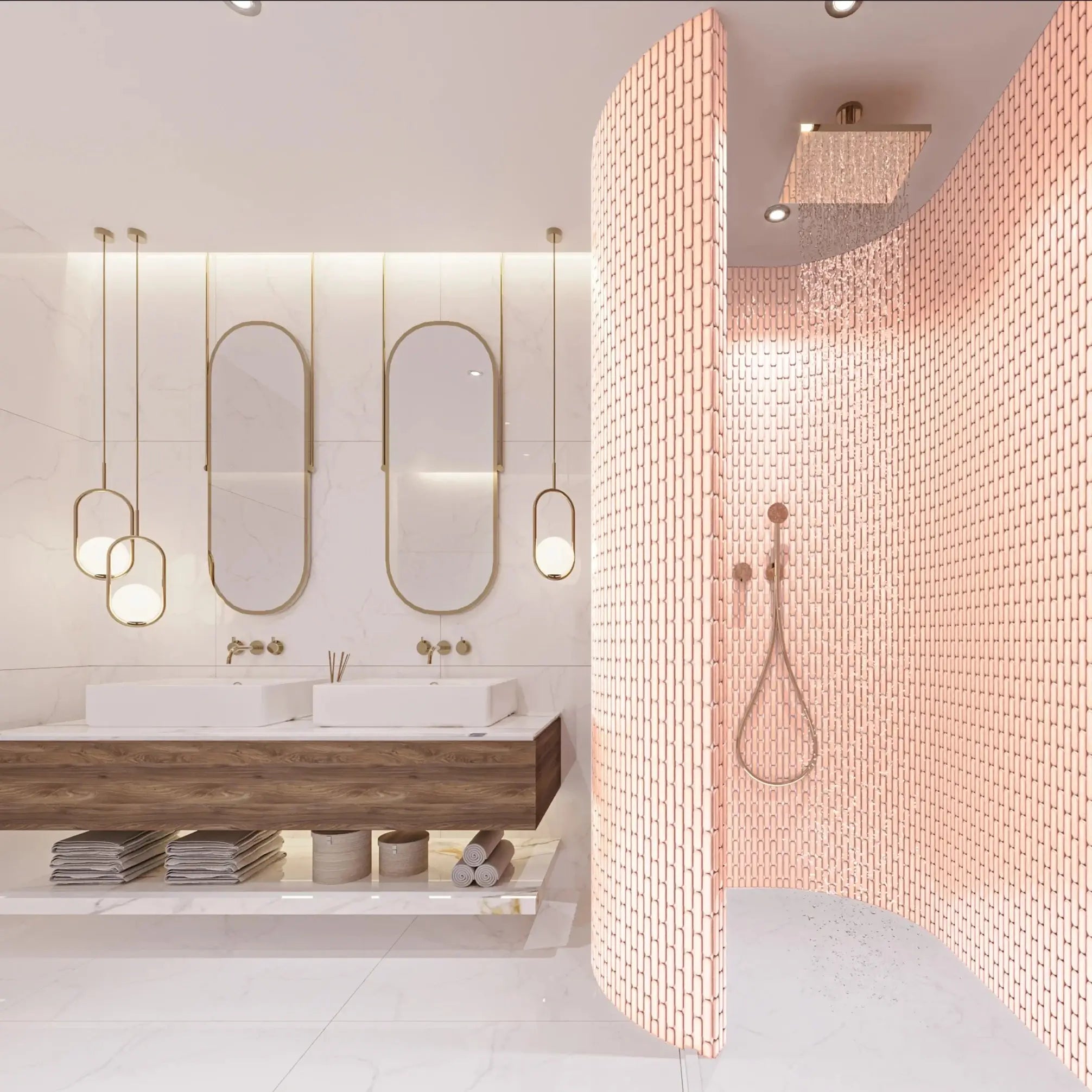 The Sevilla Mosaic Tiles, Oval design in pink, with a size of 23x98mm. Installed on a curved wall shower area within a bathroom. A vanity with a double sink basin set up with two mirrors mounted above to the left.