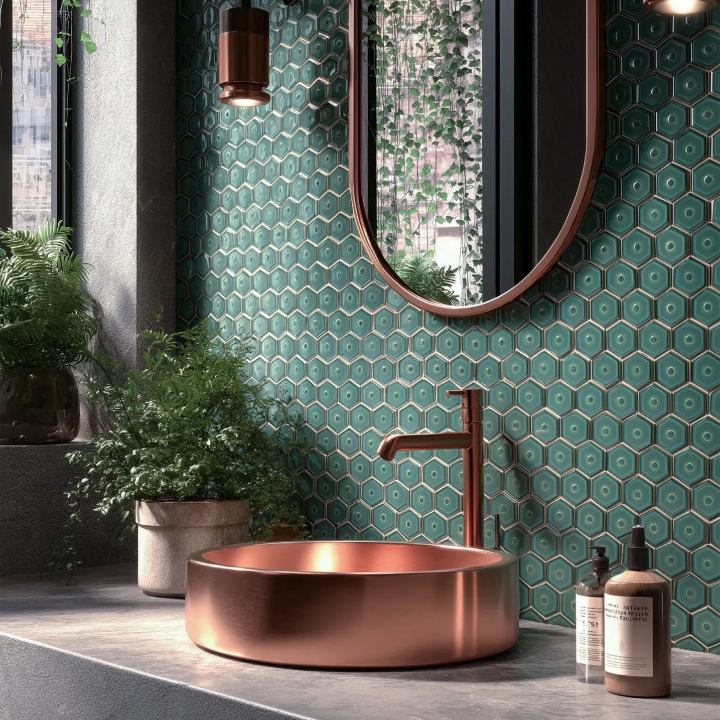 Inspired by Nature &amp; Architecture: The Hexagon Forest Green is designed by Dutch architect Osiris Hertman, this hexagon mosaic reflects natural balance and organic structure, inspired by the geometry of honeycomb formations.