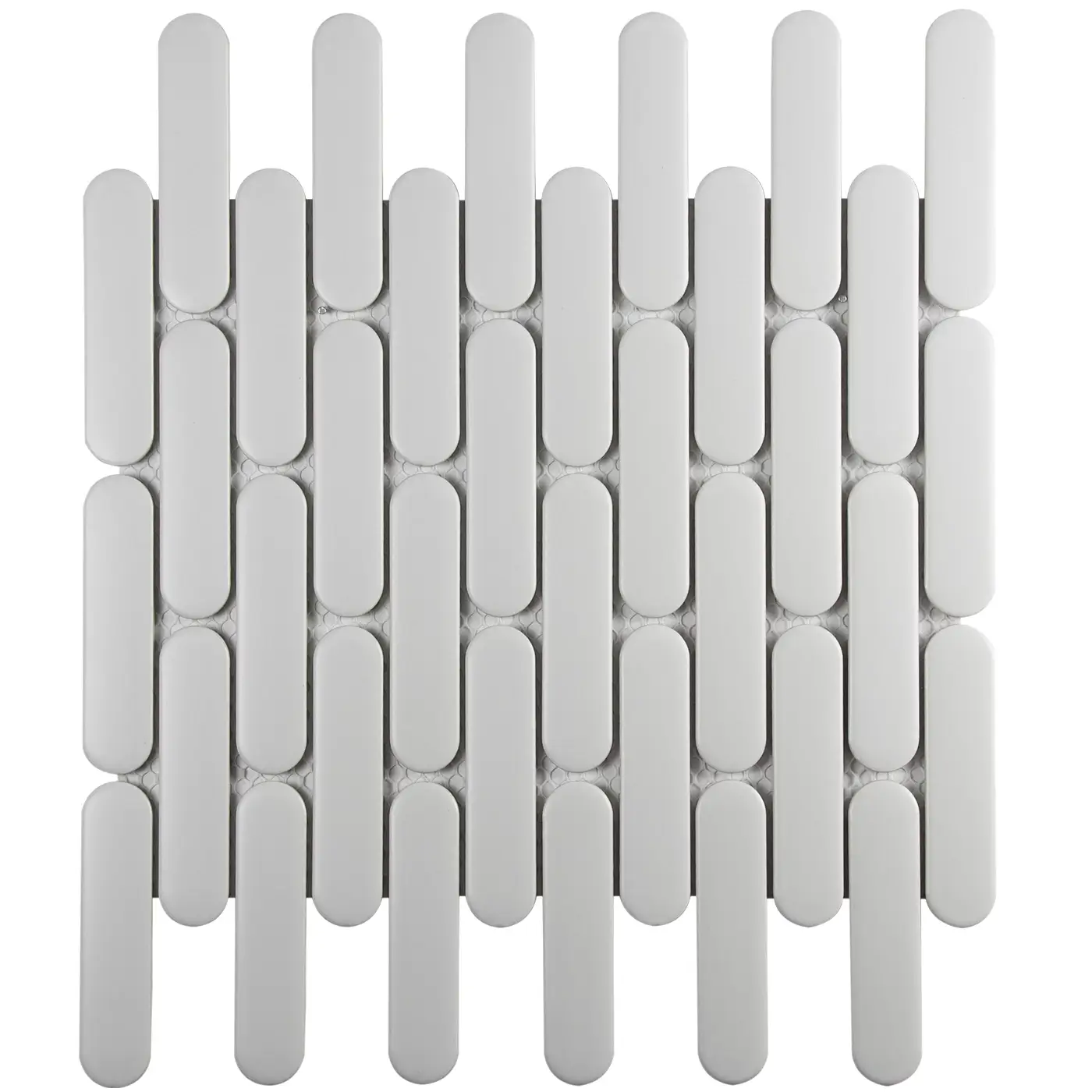 The Sevilla Mosaic Tiles, Oval design in matt white, with a size of 23x98mm.